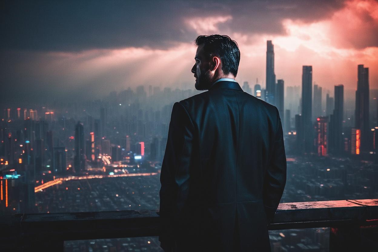 Artificial Intelligence (AI) generated image art, ...,looking at a ((cyberpunk megacity built on a cloud)) in the distance, epic, cinematic lighting, side portrait, scifi detective colthes, cinematic lighting, from behind, red sun
