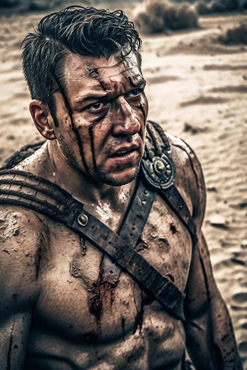 Artificial Intelligence (AI) generated image art, ..., The gladiator stands after the battle, fear and horror on his face, tired and beaten, sand on his face mixed with sweat, an atmosphere of darkness and horror, hyper realistic photo, In post-production, enhance the details, sharpness, and contrast to achieve the hyper-realistic effect