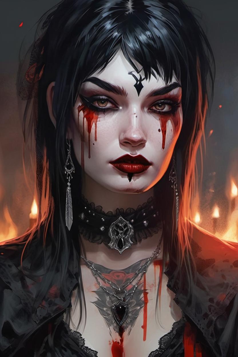 Artificial Intelligence (AI) generated image art, painted portrait of (...) as a beautiful vampiric temptress, black hair, bloody, upper body, intricate, elegant, highly detailed, digital painting, artstation, concept art, smooth, sharp focus, illustration, art by gaston bussiere and magali villeneuve