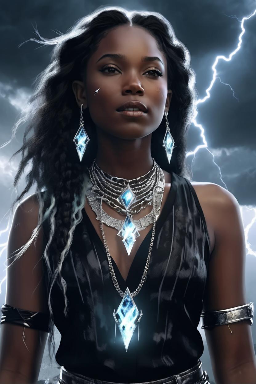 Artificial Intelligence (AI) generated image art, ..., as sky goddess, beautiful, wearing black, silver jewelry, lightning,  digital portrait