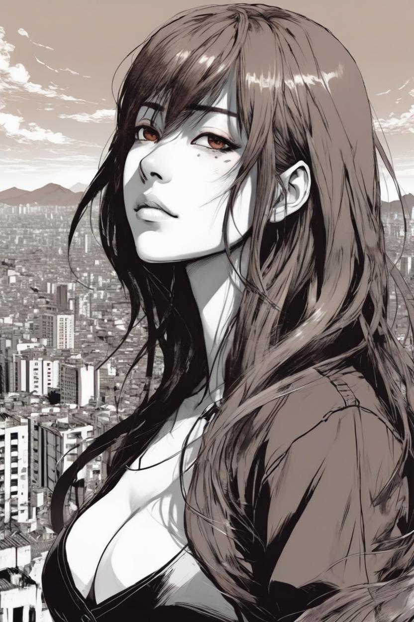 Artificial Intelligence (AI) generated image art, (*...*), Beautiful well-formed female, (Kentaro Miura manga book style), illustration, manga artstyle, portrait and torso, fantasy, landscape, face, big city background, long hair, hair with bangs, brown eyes, dark brown eyes