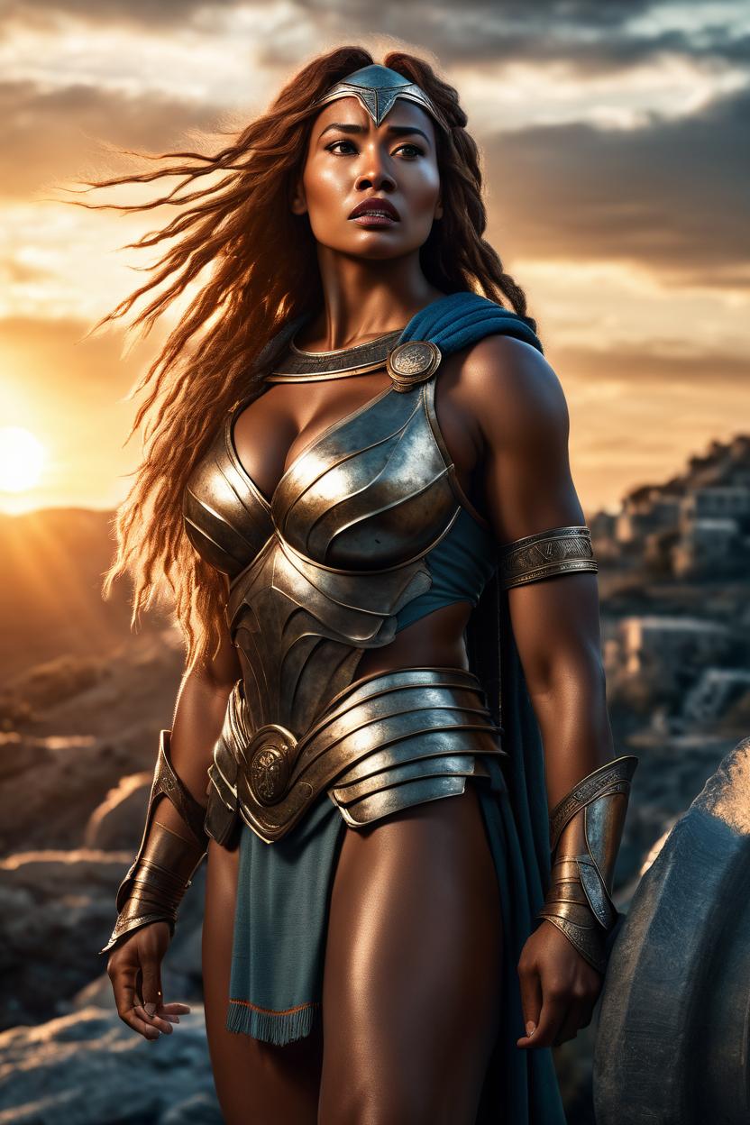 Artificial Intelligence (AI) generated image art, Handsome fullbody representation of the beautiful well-formed spartan woman-warrior ..., war hero, tired expression, long straight hair, large bust, full body, (leave space above head), (photorealistic), cinematic lighting, dramatic sunset, caustics, digital, epic scene, by gaston bussiere, bayard wu, greg rutkowski, giger, maxim verehin