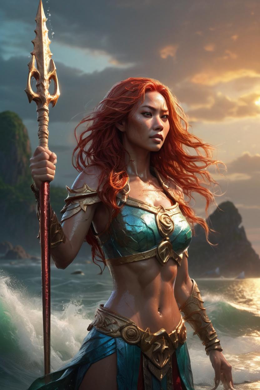 Artificial Intelligence (AI) generated image art, ..., ((realistic)) majestic water goddes Mera, holding one three spike trident, with wet body and flowing red long hair rising from the sea with sunset, ((portrait)), epic scene, epic light, intricate detailed, fine details, artstation, masterpiece, tan skin