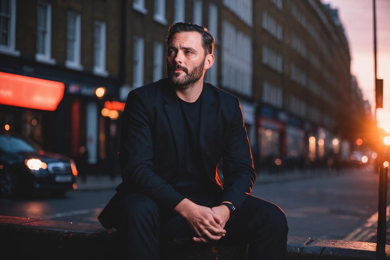 Artificial Intelligence (AI) generated image art, ..., side portrait, sitting on a street curb in London, Wearing Black, Shot on Hasselblad H6D-400c lens, ultra high definition, ultra-realism, ultra realistic, handsome, red sunset