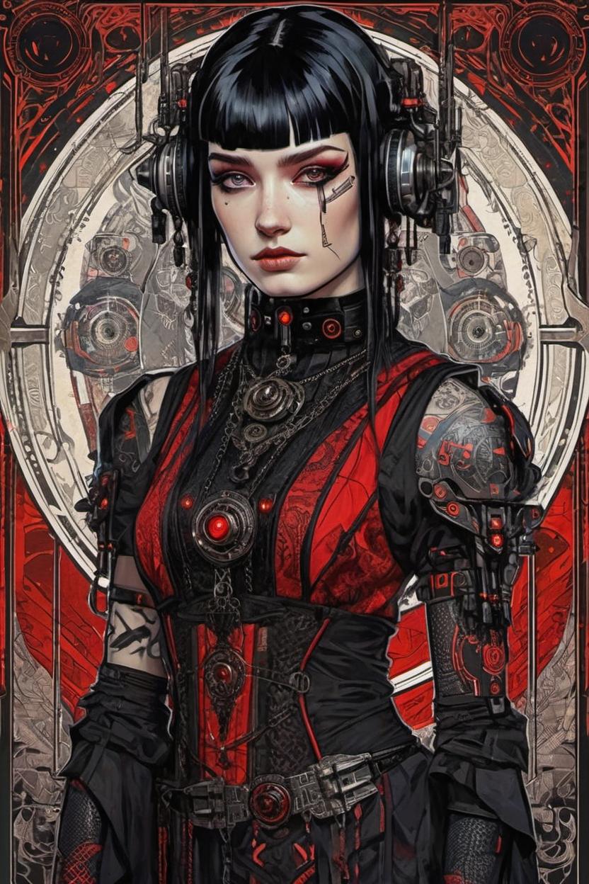 Artificial Intelligence (AI) generated image art, (*...*), portrait, artwork by Ivan Bilibin, Art Nouveau, tarot, cyberpunk, red and black android, cyborg, robotic, with black hair, dark eyes, black irises, full body