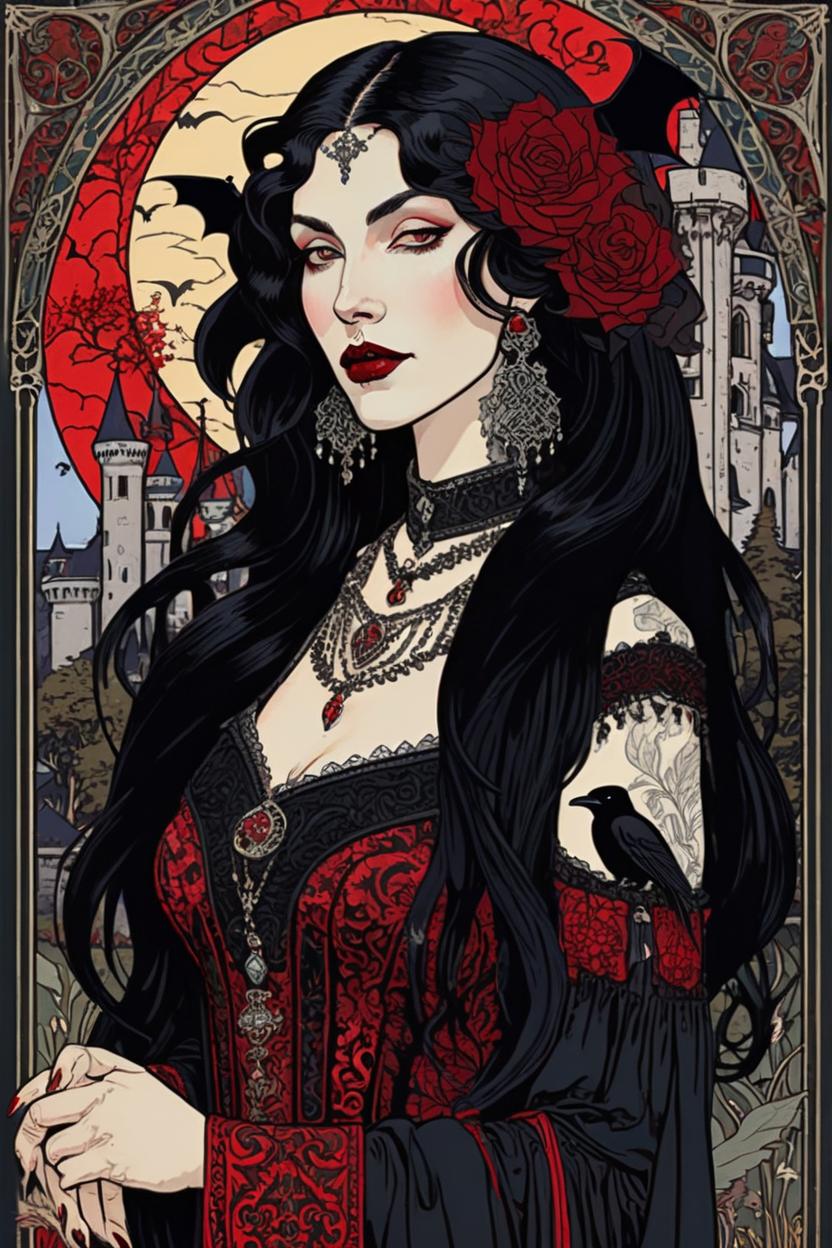 Artificial Intelligence (AI) generated image art, (*...*), portrait, artwork by Ivan Bilibin, Art Nouveau, tarot card, goddess, the lovers, gothic castle in background, black hair, as a vampire, bats, red and black dress