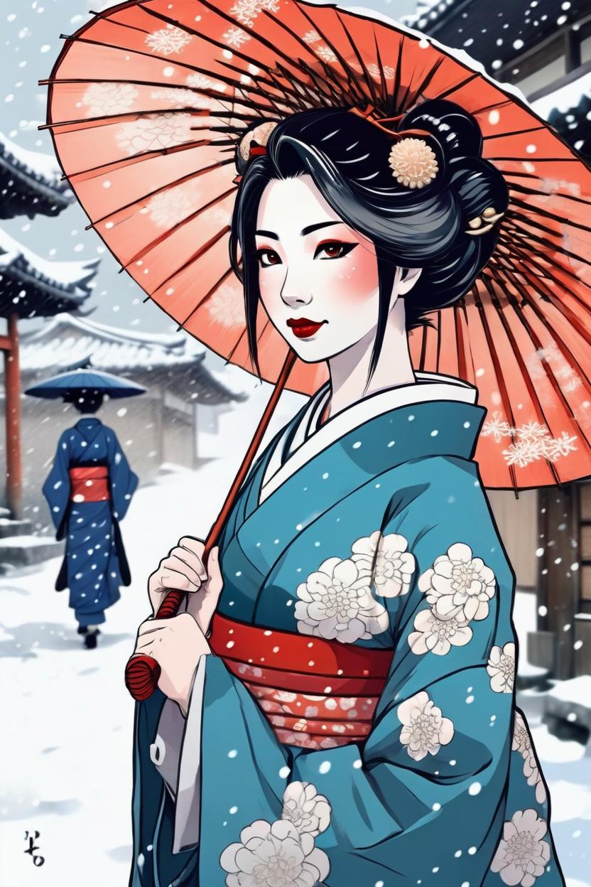 Artificial Intelligence (AI) generated image art, ... as beautiful geisha, manga style, walking holding umbrella, in the snow, kyoto, anime style, illustration, artistic