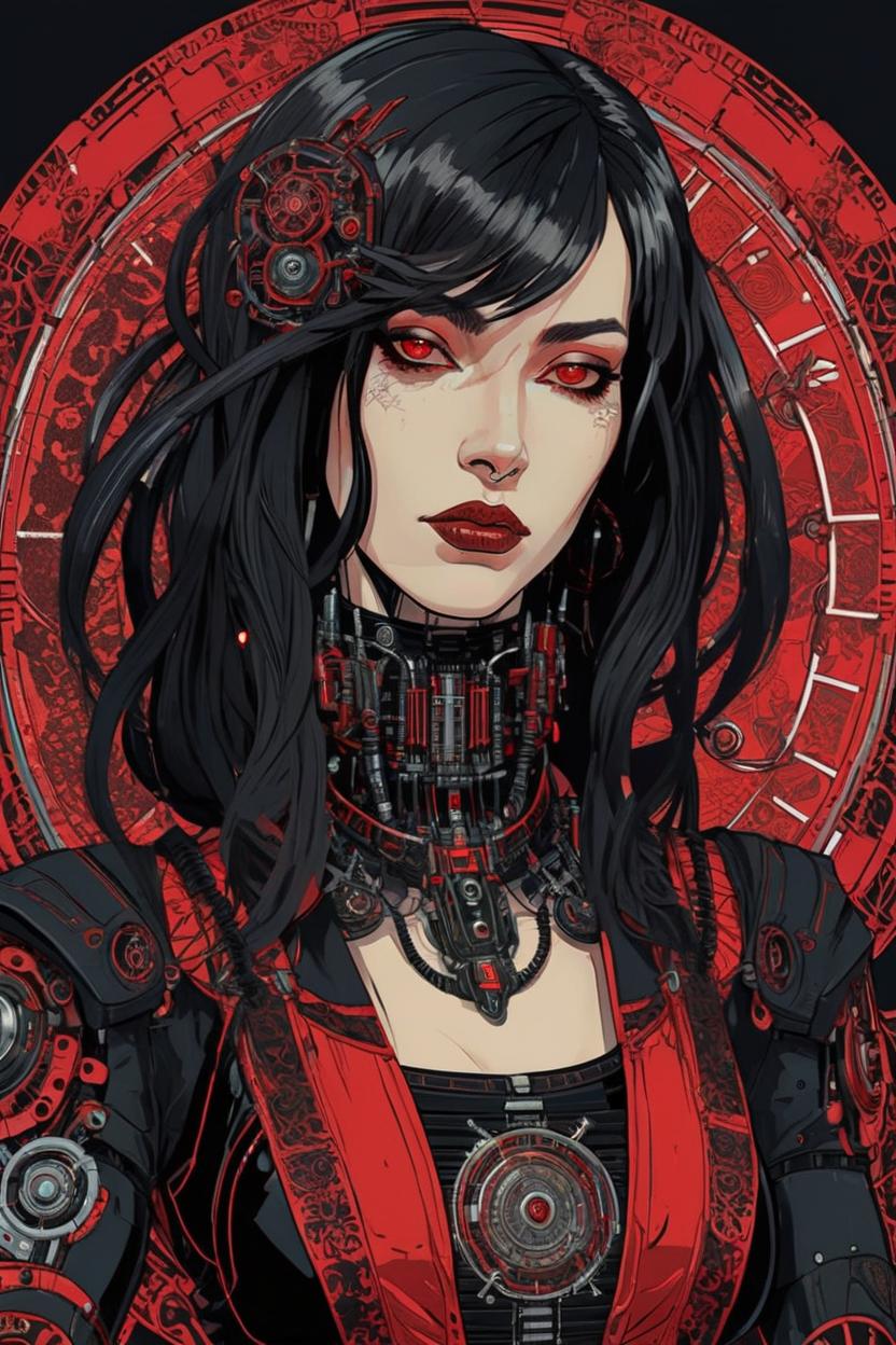 Artificial Intelligence (AI) generated image art, (*...*), portrait, artwork by Ivan Bilibin, Art Nouveau, tarot, cyberpunk, red and black android, cyborg, robotic, with black hair, brown eyes, red and black robotic details