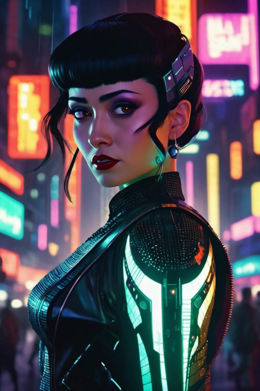 Artificial Intelligence (AI) generated image art, ..., animated walt disney style exotic princess in a techno world reminiscent of blade runner a futuristic city surrounds her as she flees from her evil stepmother