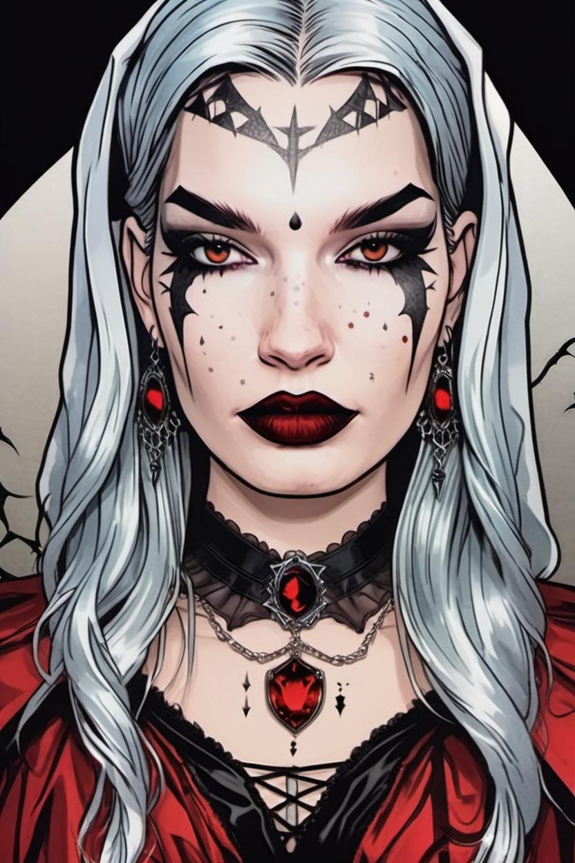 Artificial Intelligence (AI) generated image art, ... as a beautiful vampiric goddess, comic book style