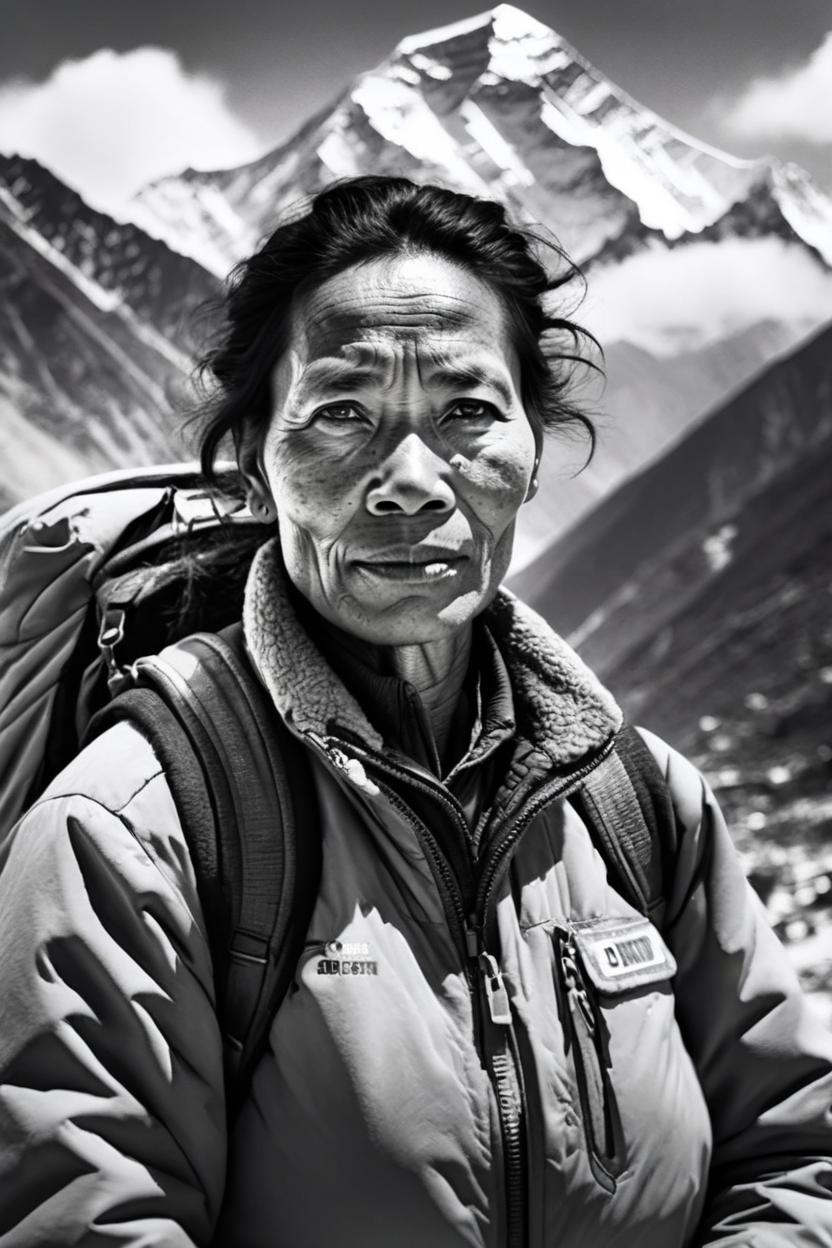 Artificial Intelligence (AI) generated image art, ..., portrait, ((old b&w photo)), (((film grain))), on Mount Everest, photorealistic, 4k