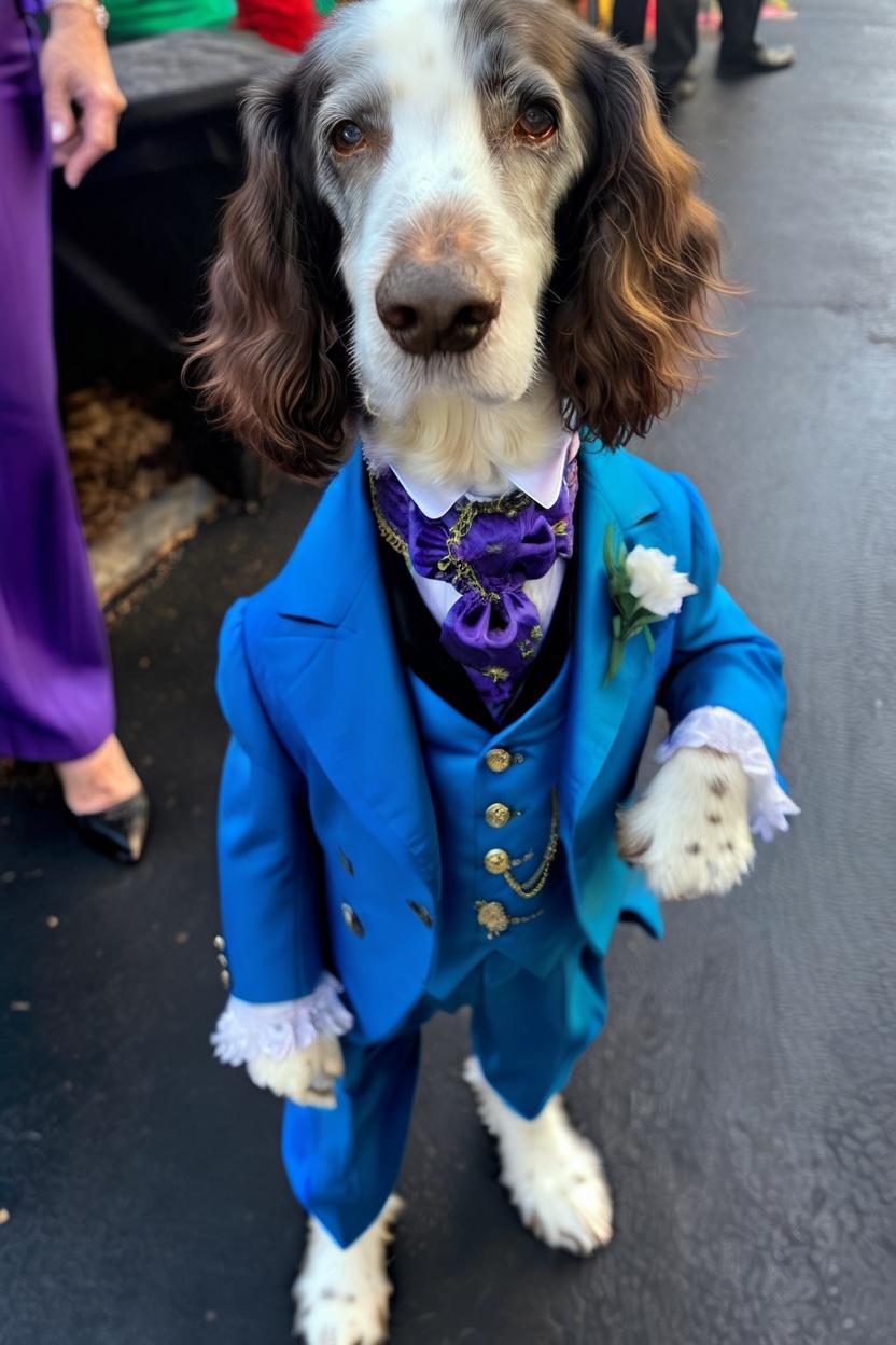 Artificial Intelligence (AI) generated image art, ..., full length photorealistic in a blue victorian suit at mardi gras