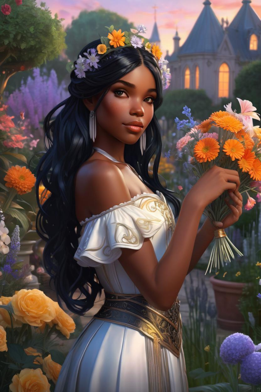 Artificial Intelligence (AI) generated image art, ..., ((portrait)), beautiful black haired fairy princess, highly detailed illustration, in a garden holding a bunch of wild flowers, deep focus, d & d, fantasy, intricate, elegant, highly detailed, digital painting, artstation, concept art, sunset, matte, sharp focus, illustration, hearthstone, art by artgerm and greg rutkowski and alphonse mucha and marco mazzoni