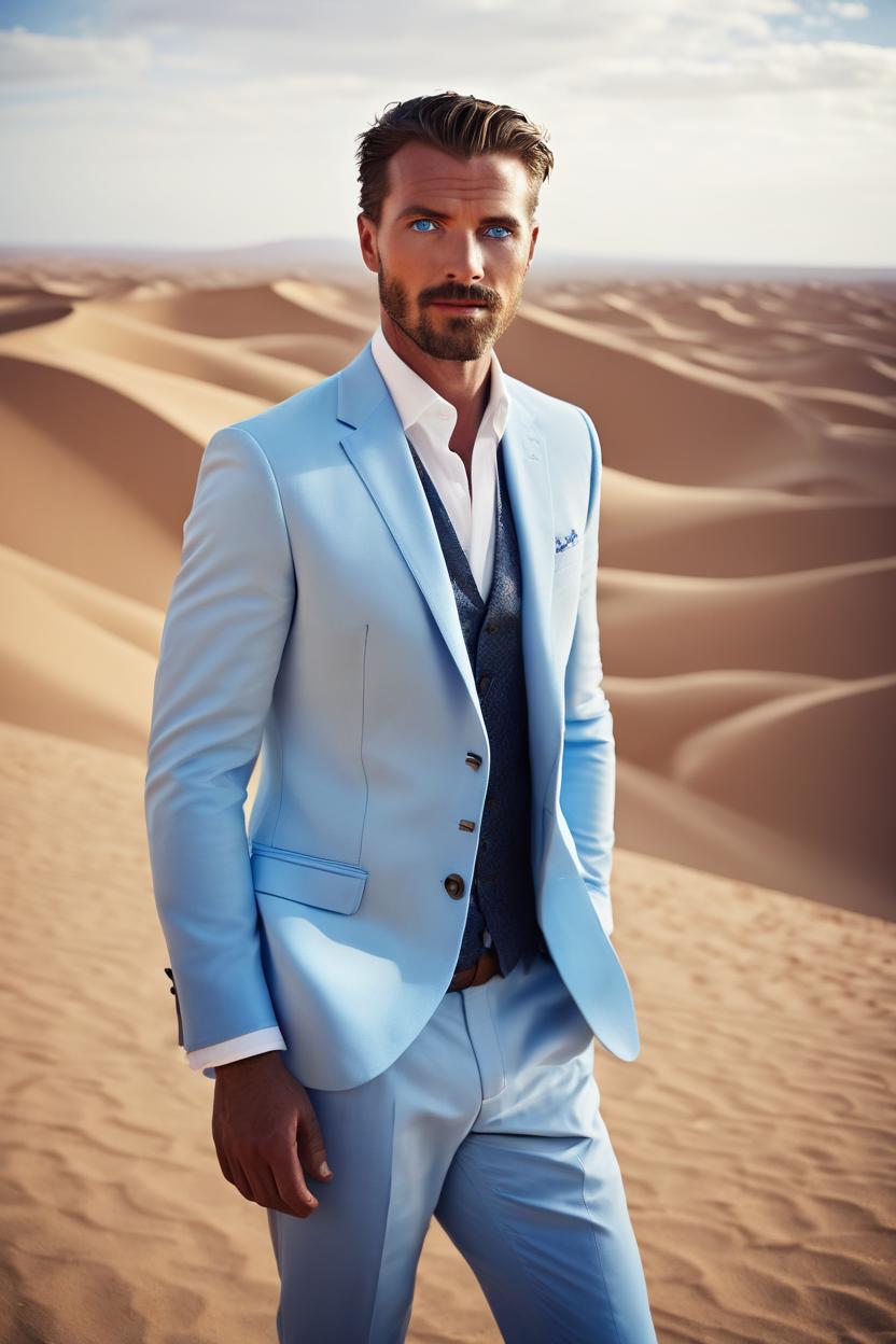 Artificial Intelligence (AI) generated image art, ..., mid 30s, stunning blue eyes, portrait, somewhere in a Moroccan desert Shot on Hasselblad H6D-400c lens, copy Sisley Spring  Summer 2014 campaign session with more of a vogue or fancy gentleman style clothes, ultra high definition, ultra-realism, ultra-realistic, distinguished, handsome, gentleman