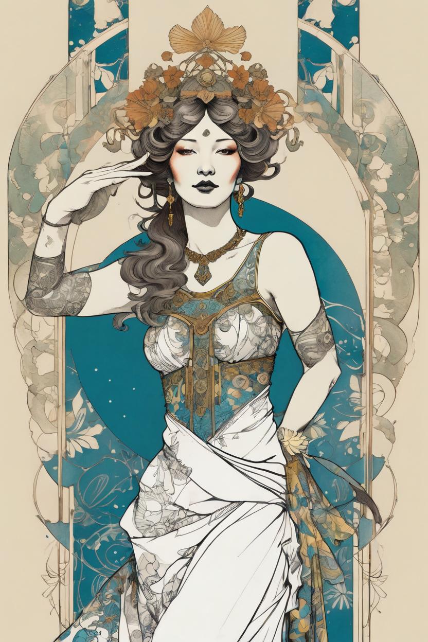 Artificial Intelligence (AI) generated image art, handsome fullbody illustration of beautiful art nouveau goddess ..., (coloured ink drawing), leave space above head, ((art by aubrey beardsley)), art by yoji shinkawa, tan skin