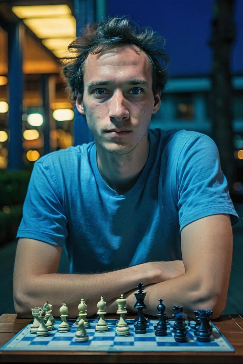 Artificial Intelligence (AI) generated image art, portrait photo of ... playing chess, good posture, cinematic, blue hour, Kodak Portra 800 film SMC Takumar 35mm f/ 2. 8 c 50, detailed face, you can see his blue eyes, less wrinkles, looks happy, more hair, hair is neat, vivid colors