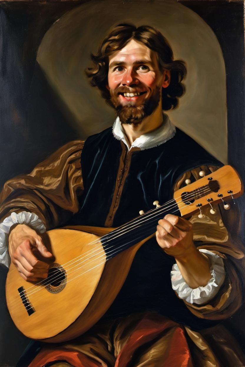 Artificial Intelligence (AI) generated image art, Oil painting of ... by Frans Hals, playing a lute, 17th century