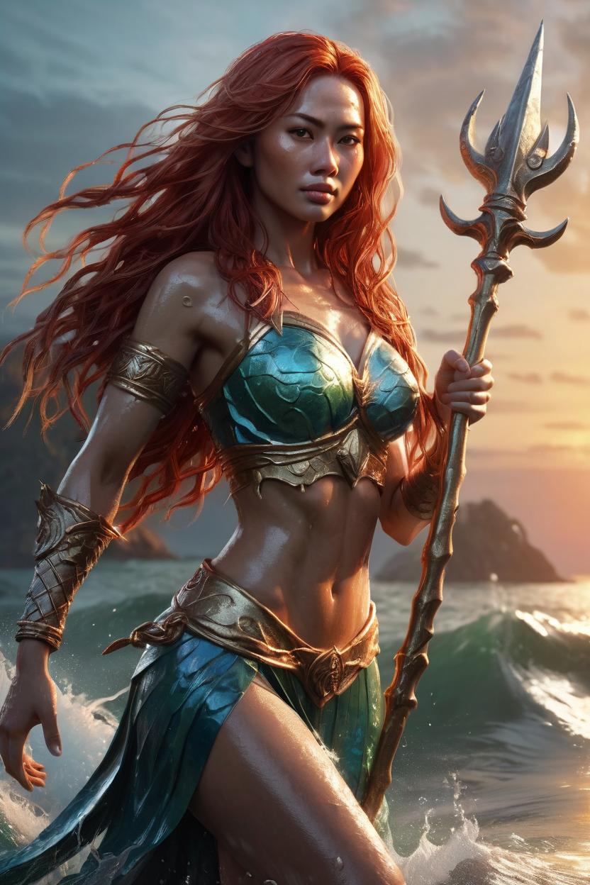 Artificial Intelligence (AI) generated image art, ..., ((realistic)) majestic water goddes Mera, holding one three spike trident, with wet body and flowing red long hair rising from the sea with sunset, ((portrait)), epic scene, epic light, intricate detailed, fine details, artstation, masterpiece, tan skin