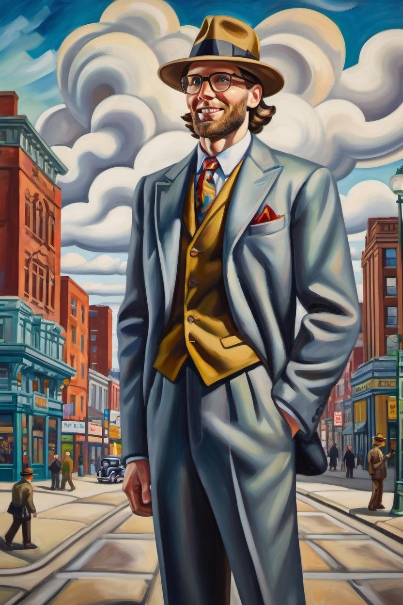 Artificial Intelligence (AI) generated image art, Painting of ... by Thomas Hart Benton, full body, wearing a suit, wearing a tie, 1940s fashion, wearing a hat, on a city sidewalk, art deco buildings in background, clouds in sky, vivid colours