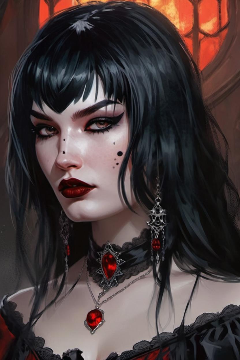 Artificial Intelligence (AI) generated image art, painted portrait of ... as a beautiful vampiric temptress, black hair, upper body, intricate, elegant, highly detailed, digital painting, artstation, concept art, smooth, sharp focus, illustration, art by gaston bussiere and magali villeneuve