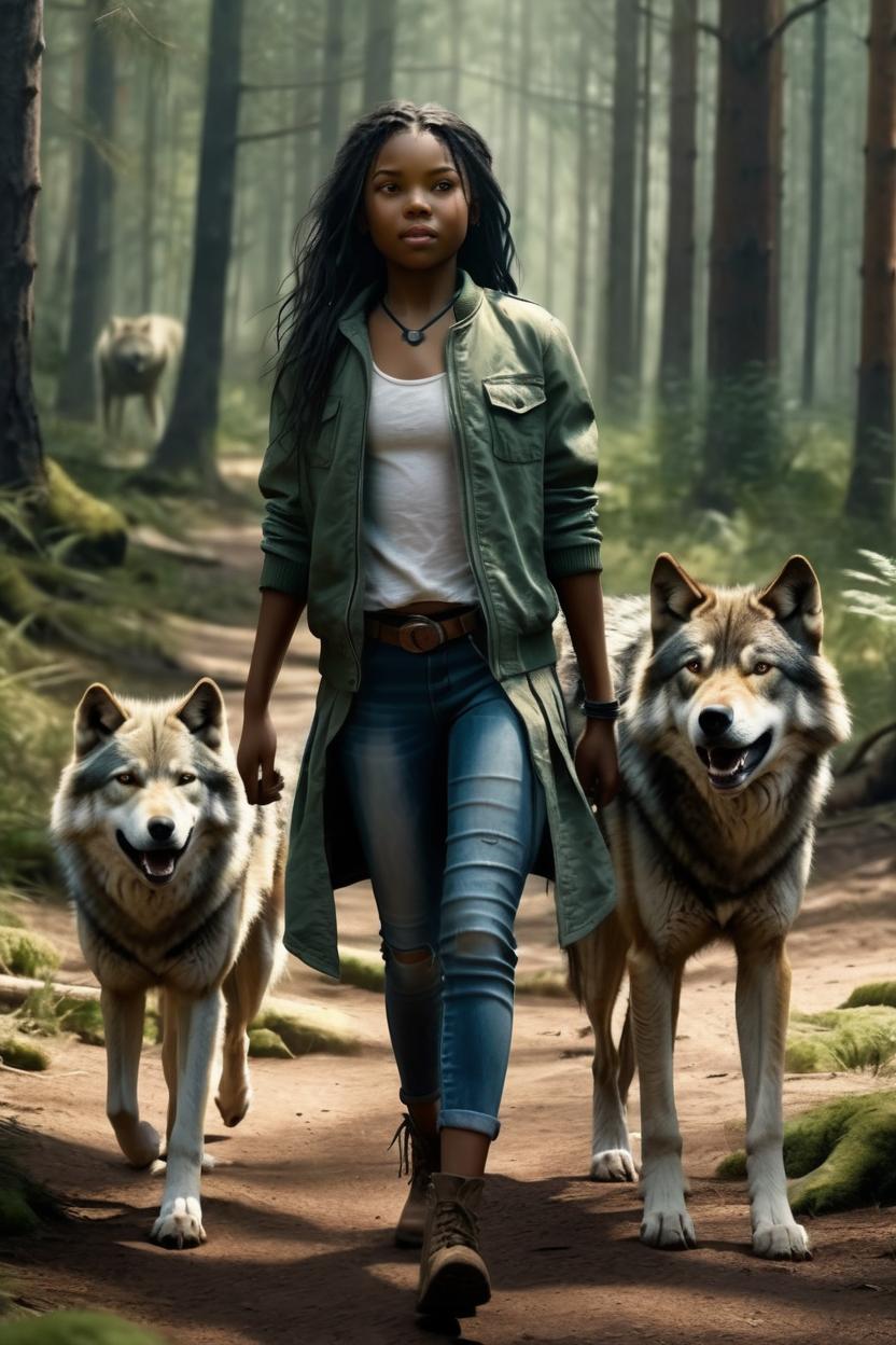 Artificial Intelligence (AI) generated image art, ..., walking with wolves, forest , photo, realistic