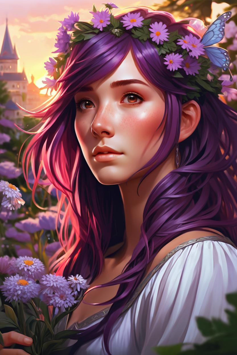 Artificial Intelligence (AI) generated image art, ..., ((portrait)), beautiful purple haired fairy princess, highly detailed illustration, in a garden holding a bunch of wild flowers, deep focus, d & d, fantasy, intricate, elegant, highly detailed, digital painting, artstation, concept art, sunset, matte, sharp focus, illustration, hearthstone, art by artgerm and greg rutkowski and alphonse mucha and marco mazzoni
