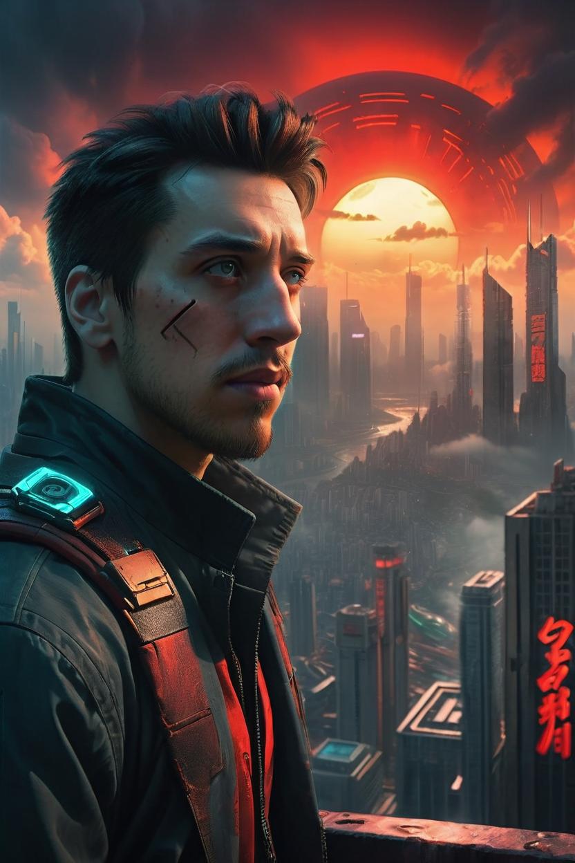 Artificial Intelligence (AI) generated image art, ...,looking at a ((cyberpunk megacity built on a cloud)) in the distance, epic, cinematic lighting, portrait, scifi detective colthes, cinematic lighting, red sun