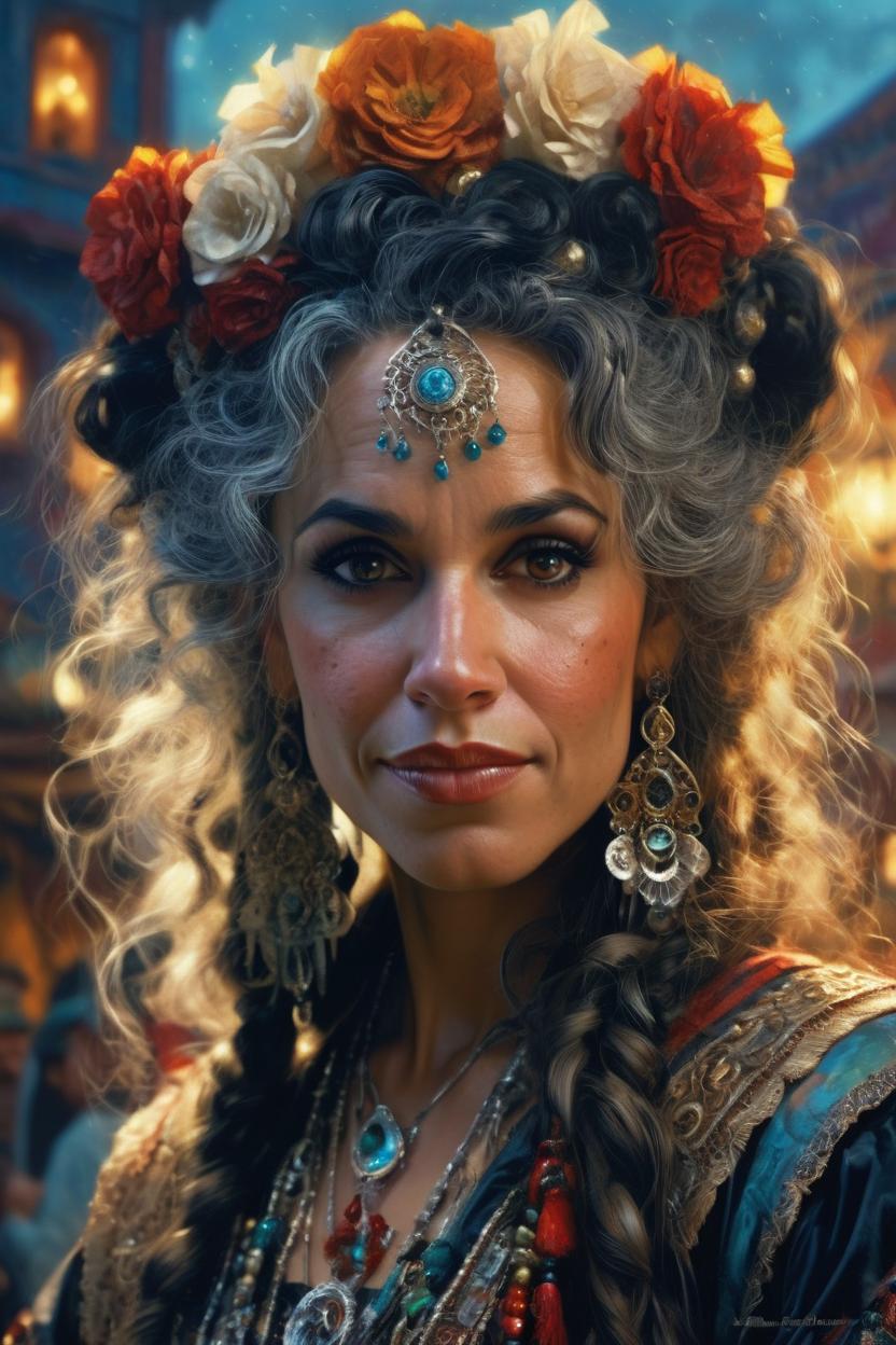 Artificial Intelligence (AI) generated image art, A stunning close up interpretation of ... as a beautiful young gypsy, highly detailed and intricate, hyper-maximalist, ornate, luxury, ominous, haunting, matte painting, atmospheric, cinematic, volumetric lighting, Paul Bonner, Frank Frazetta, Brian froud, ross tran