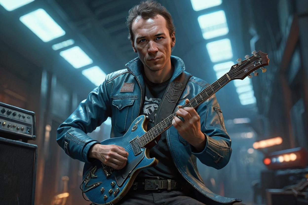 Artificial Intelligence (AI) generated image art, ..., ((portrait)), as a guitarist, 4k, sci-fi, photorealistic, highly detailed, sharp focus, full body, dnd, art by greg rutkowski