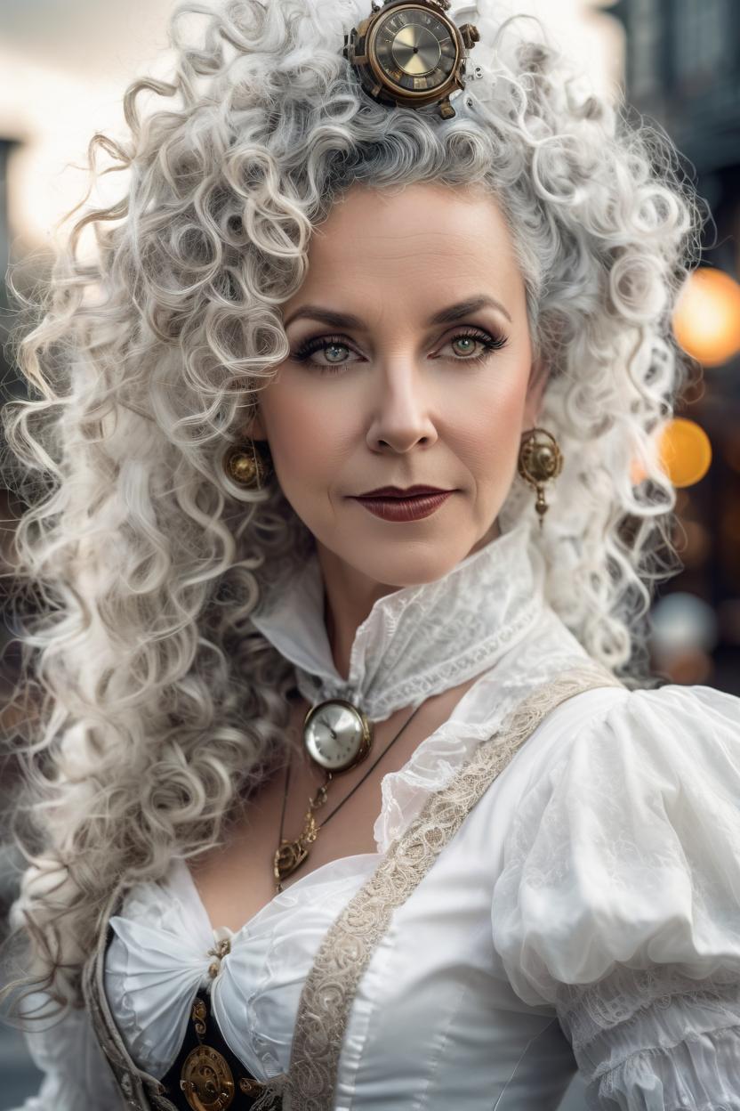Artificial Intelligence (AI) generated image art, ..., long, naturally curly hair, wearing a romantic Victorian ghost costume with flowing white fabrics and ethereal accessories, perfect anatomy, 32k UHD resolution, best quality, realistic photo, professional photography, highly detailed, vibrant, clean eyes, (steampunk cityscape, airships, clockwork elements, industrial magic, fantasy metropolis), cowboy shot, cinematic angle, dramatic lights,