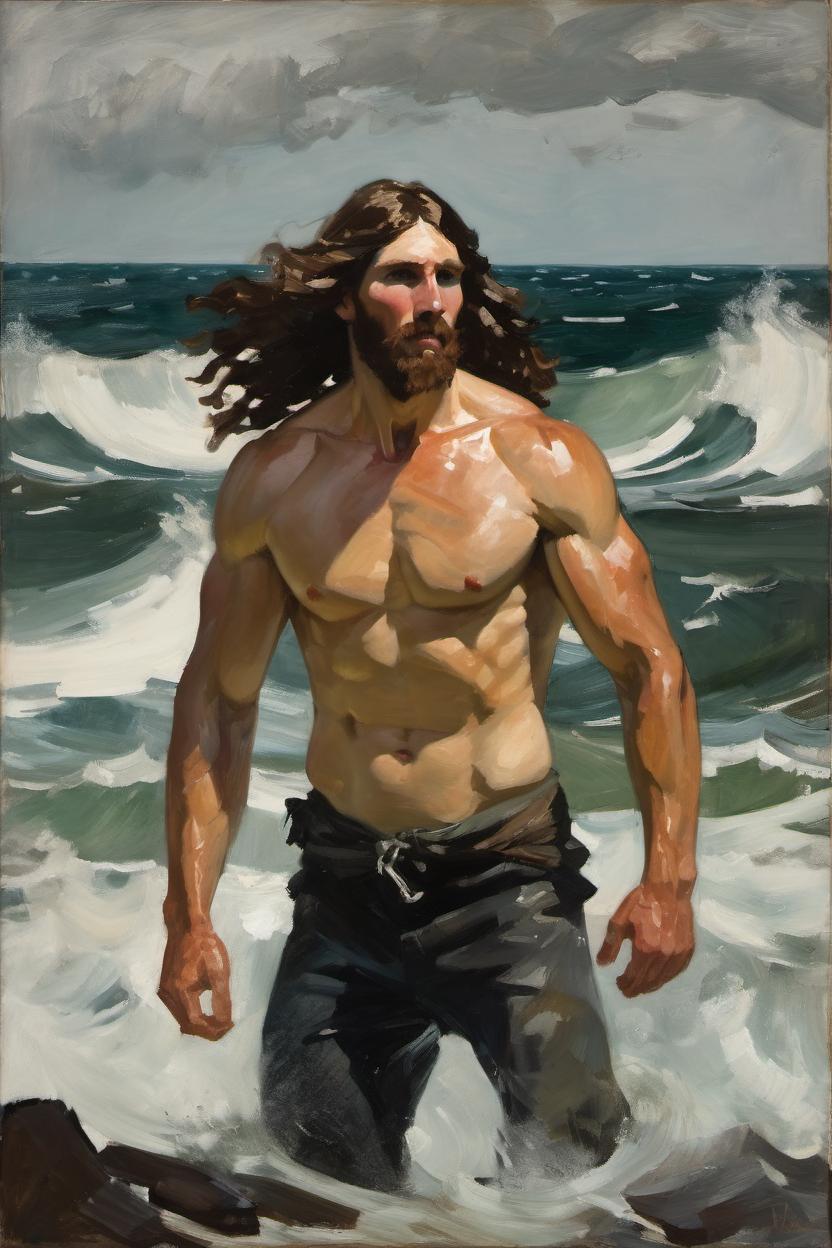 Artificial Intelligence (AI) generated image art, Oil painting of ... by Winslow Homer, (style of Undertow), in the sea, rough waves, wet body, wet hair, long hair, muscular body