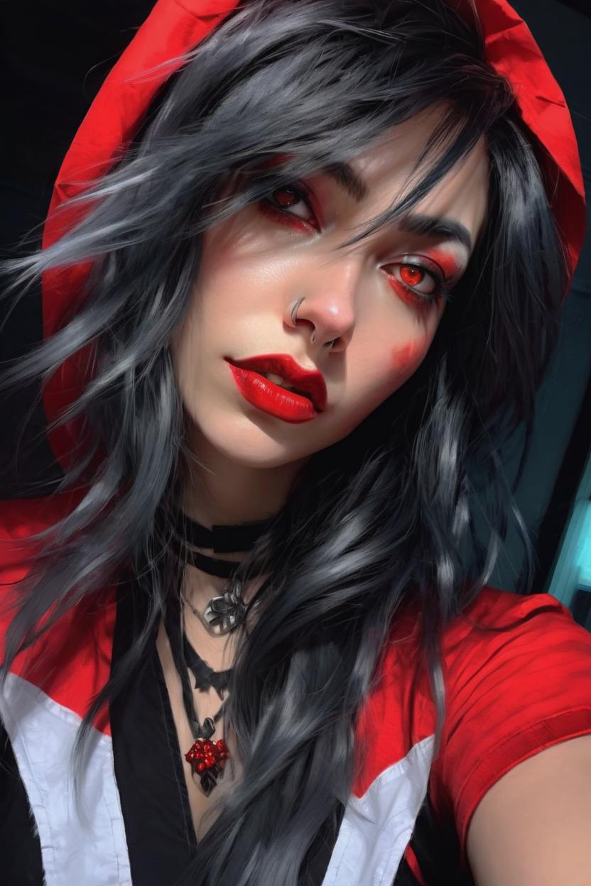 Artificial Intelligence (AI) generated image art, (painted ... portrait), gorgeous alt girl, black/red/white hair, dark eyes, digital painting, cinematic lighting, sharp focus, close up, art style of RossDraws