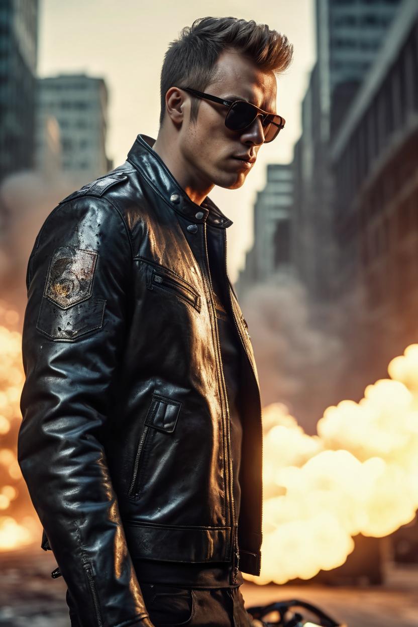 Artificial Intelligence (AI) generated image art, ..., sunglasses, leather jacket, (explosions),art by greg rutkowski, cinematic lighting, 8k, sharp focus, highly detailed, contrast