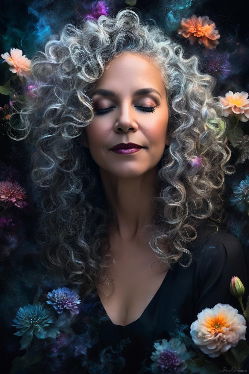 Artificial Intelligence (AI) generated image art, A portrait of ... floating in a dark void, eyes closed painterly style, masterpiece dark colors with bioluminescent highlights. Floating naturally curly hair, Elegant botany and flowers. Smoke fractals, hauntingly beautiful