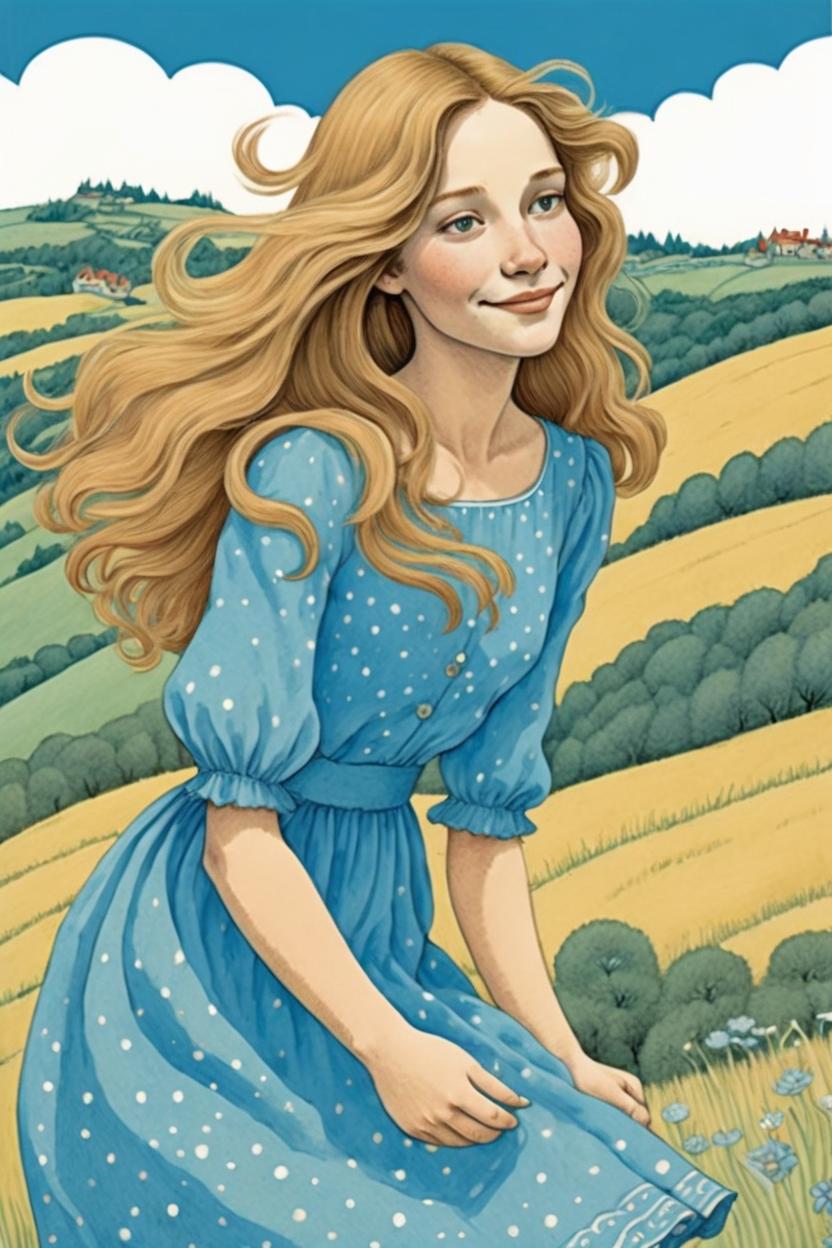 Artificial Intelligence (AI) generated image art, ..., illustration by Maurice Sendak , postcard, spring, on the hills, windy, romantic vibrant colors, wearing a light blue dress, medium long hair, tan skin, very detailed, naive artwork,