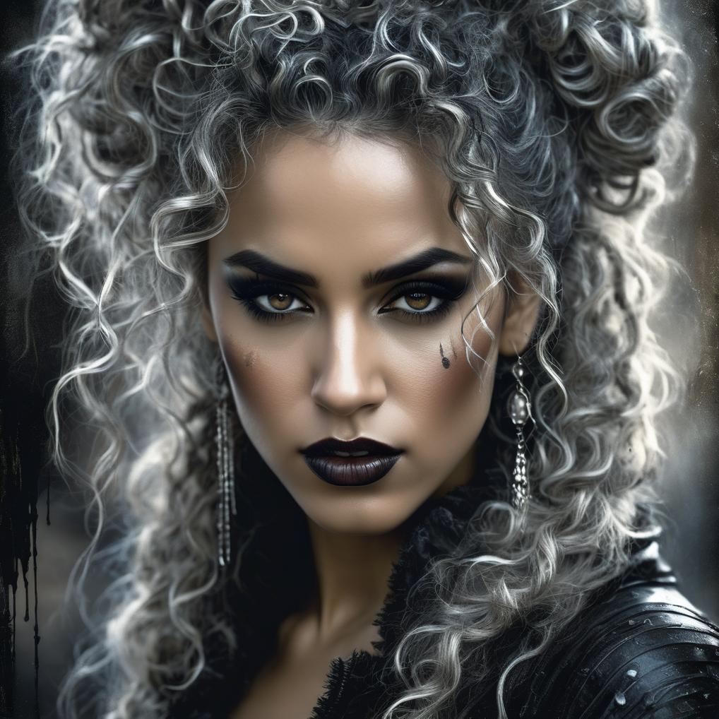 Artificial Intelligence (AI) generated image art, A highly detailed (luis royo fantasy style dark female portrait), of a very beautiful and striking ..., paint drip, highly detailed close up portrait), naturally curly hair up in a loose bun with soft tendrils framing face, featuring a (sinisterly beautiful sultry beautiful but sad eyes and detailed, fearfully intense eerie creepy expression), with highly advanced settings, 8K resolution, clear and sharp focus on all advanced details, intricate interwoven hues and intricate strokes softly contrasting with elegant lines and crisp edges, advanced lithographic style advanced film grain, bokeh, and a hazy foreground and background, accompanied by advanced volumetric stone wash lithograph effects that give off a subtle silhouette evocative of either Jeremy Mann or Raphael Sanzio, luis royo, julie bell, set against a (burlap texture) that adds an advanced lithographic touch, highest quality