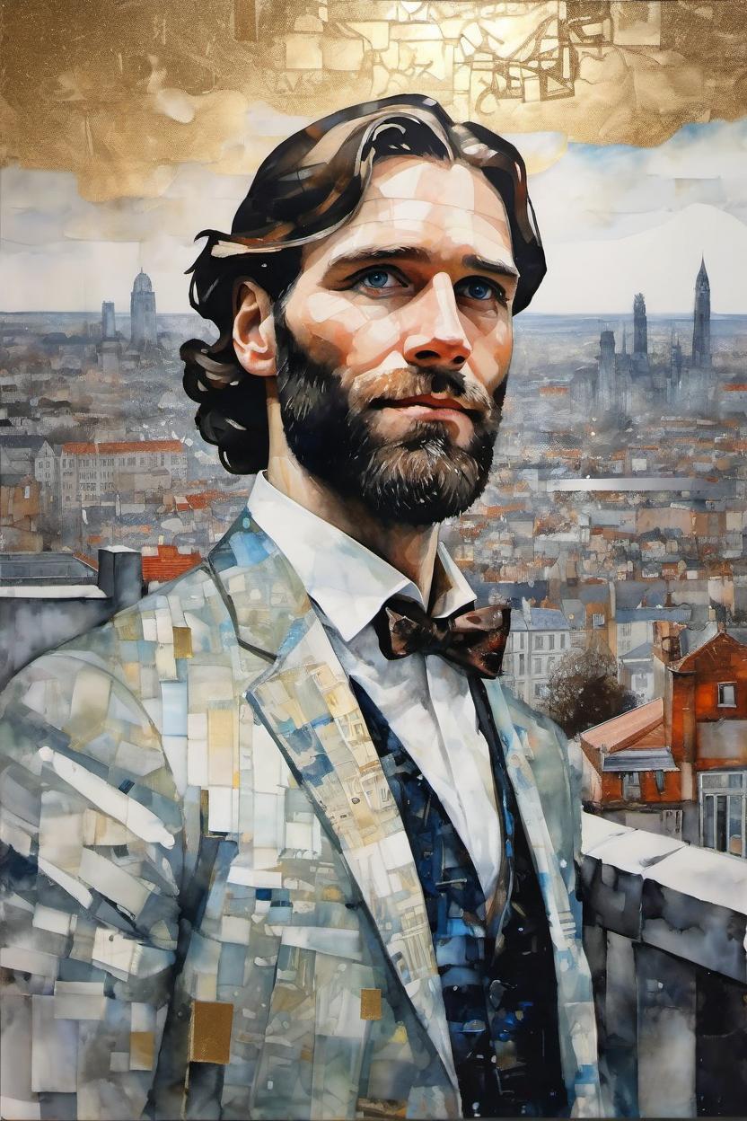 Artificial Intelligence (AI) generated image art, Portrait of ..., acrylic and lacquered oil lithograph, art deco, 1920s, handsome, masterpiece, artistic, dreamscape, cityscape, Klimt, Pissarro, Agnes Cecile, Michael Cheval, stunning, mythical, highly detailed