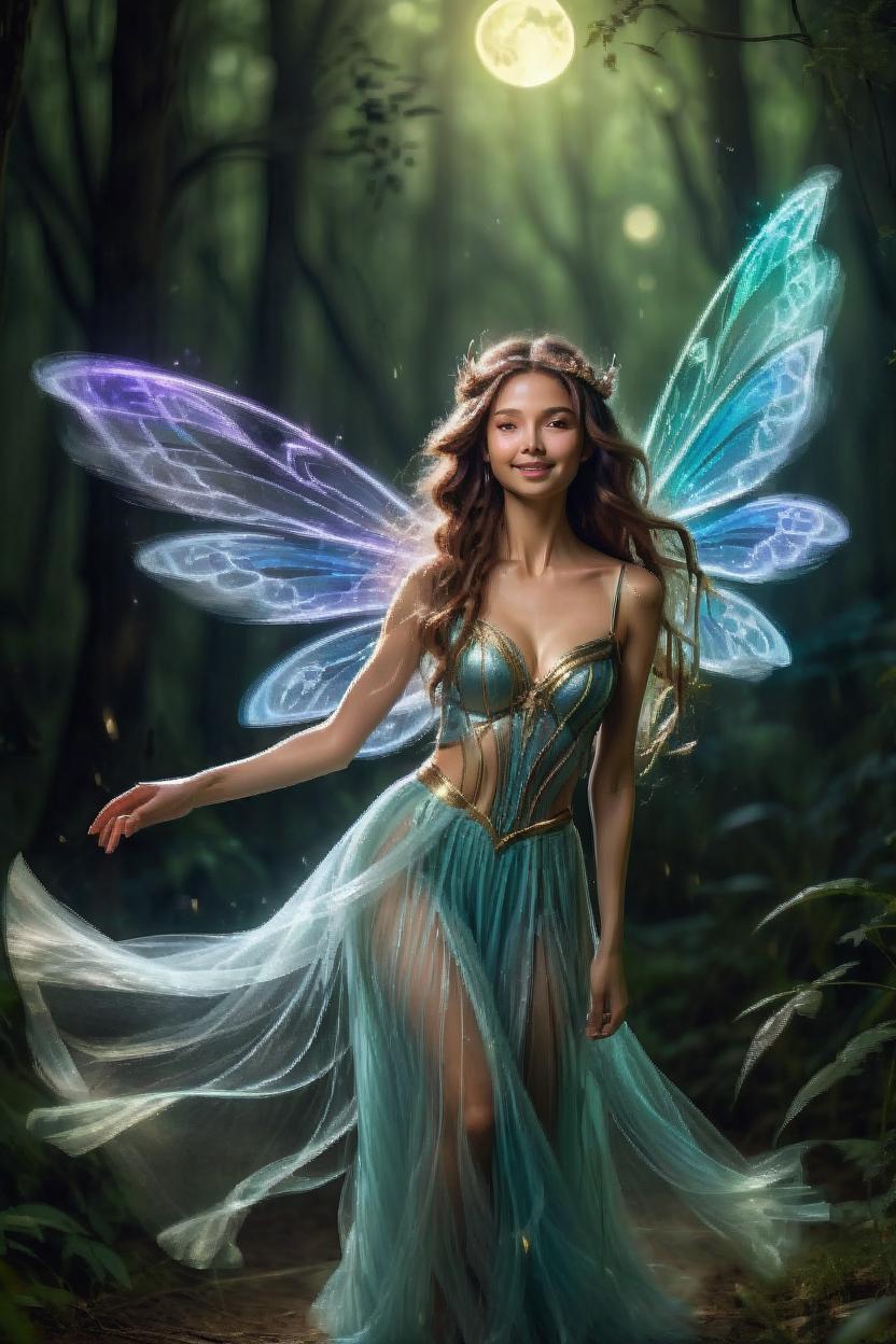 Artificial Intelligence (AI) generated image art, ..., illustration, full body, as a fairy queen, with beautiful colorful gossamer wings, dancing in a fairy circle in the moonlight, tan smooth skin, long wavy and lusterous hair flowing out around her, backlit to cause a halo around her, smaller fairys and sprites dance behind her a mysterious forest in the background