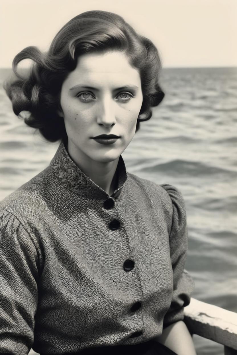 Artificial Intelligence (AI) generated image art, highly resembles ..., b&w, 1900 photograph, vintage, portrait, photorealistic, sea in background, art by artgerm, contrast