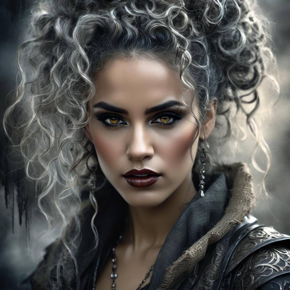 Artificial Intelligence (AI) generated image art, A highly detailed (luis royo fantasy style dark female portrait), of a very beautiful and striking ..., paint drip, highly detailed close up portrait), naturally curly hair up in a loose bun with soft tendrils framing face, featuring a (sinisterly beautiful sultry beautiful but sad eyes and detailed, fearfully intense eerie creepy expression), with highly advanced settings, 8K resolution, clear and sharp focus on all advanced details, intricate interwoven hues and intricate strokes softly contrasting with elegant lines and crisp edges, advanced lithographic style advanced film grain, bokeh, and a hazy foreground and background, accompanied by advanced volumetric stone wash lithograph effects that give off a subtle silhouette evocative of either Jeremy Mann or Raphael Sanzio, luis royo, julie bell, set against a (burlap texture) that adds an advanced lithographic touch, highest quality