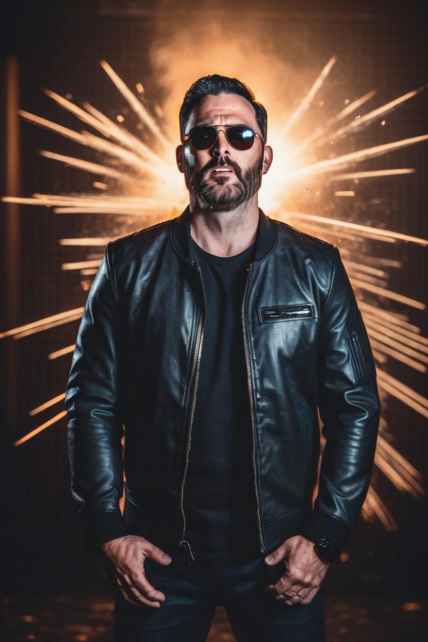 Artificial Intelligence (AI) generated image art, ..., sunglasses, leather jacket, (explosions),art by greg rutkowski, cinematic lighting, 8k, sharp focus, highly detailed, contrast