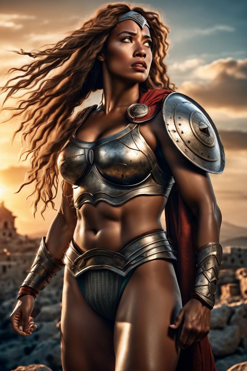 Artificial Intelligence (AI) generated image art, Handsome fullbody representation of the beautiful well-formed spartan woman-warrior ..., war hero, tired expression, long straight hair, large bust, full body, (leave space above head), (photorealistic), cinematic lighting, dramatic sunset, caustics, digital, epic scene, by gaston bussiere, bayard wu, greg rutkowski, giger, maxim verehin