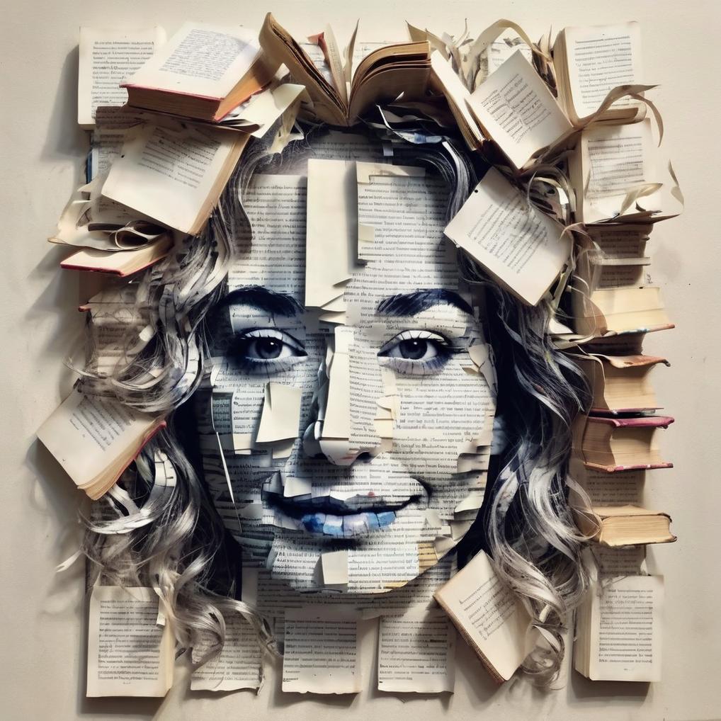 Artificial Intelligence (AI) generated image art, ... face made by pieces of book\'s pages , artistic