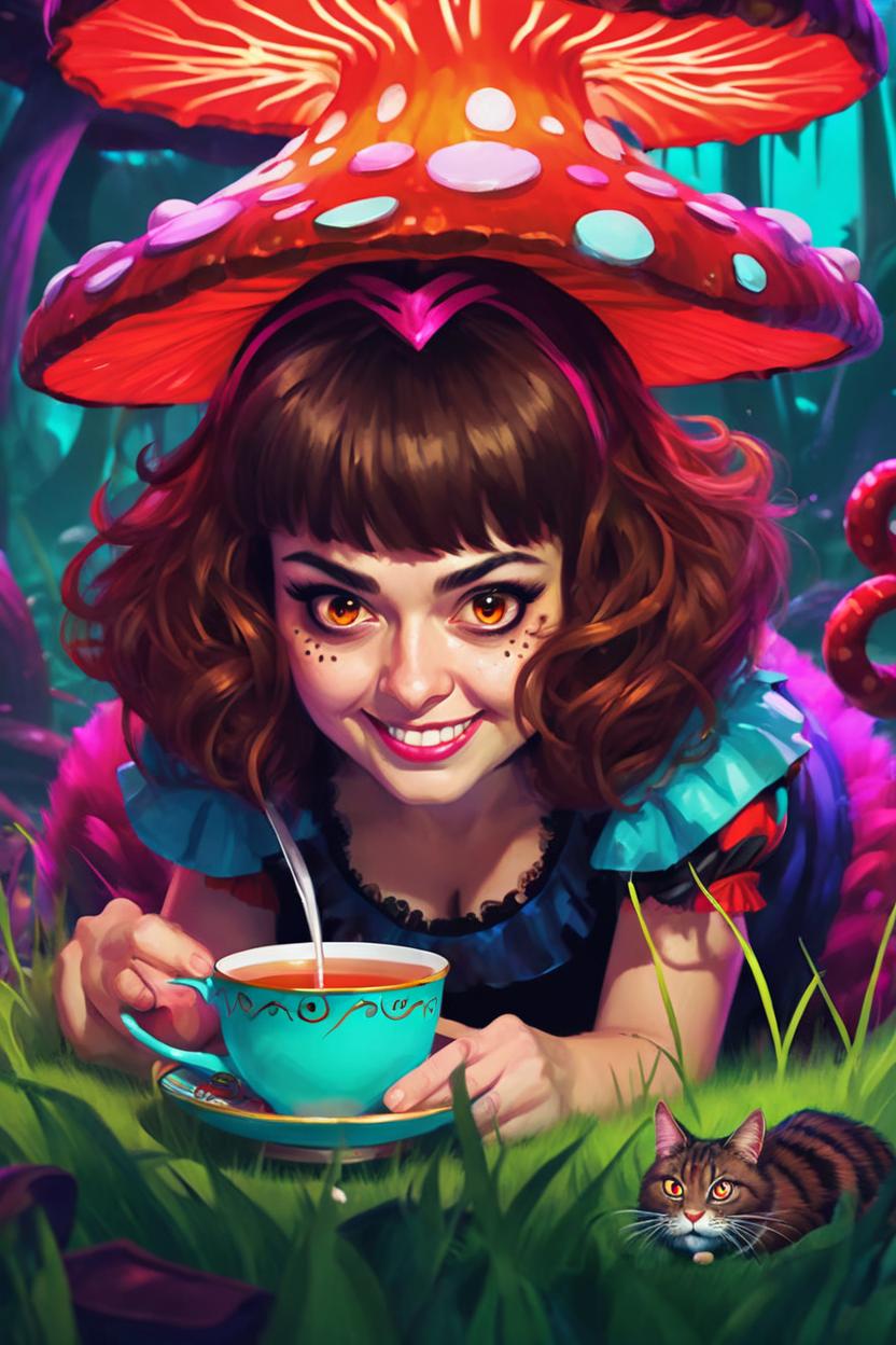 Artificial Intelligence (AI) generated image art, ..., full body shot, vector illustration of a techno wonderland, very colorful, brown haired and dark brown eyes, around 30 years old sitting on a giant neon mushroom while having tea and talking to the head of the cheshire cat and the tall strange looking mad hatter, she is laughing delightedly while behind her the red queen peeks about from behind the giant grass stalks