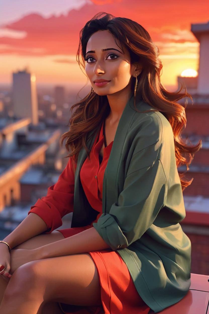 Artificial Intelligence (AI) generated image art, ((...)), a beautiful woman sitting on a rooftop looking out at the sunset, (style of alena aenami), red hues, anime, comic, serene, highly detailed