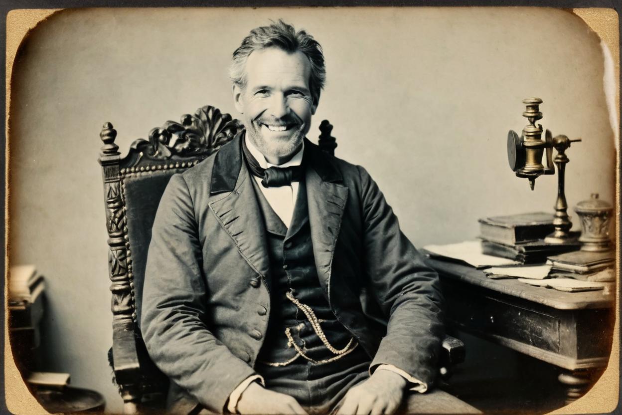 Artificial Intelligence (AI) generated image art, ..., dressed in 19th century clothing, daguerreotype, 1800s photograph, smile, sitting by a desk in a large 19th century style chair, highly detailed