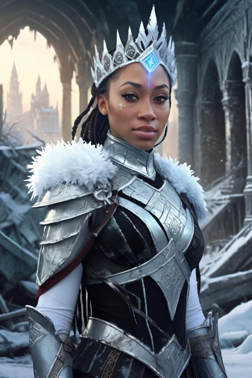 Artificial Intelligence (AI) generated image art, ..., ((portrait)), fantasy princess, fantasy paladin, digital art by greg rutkowski, in a frozen, abandoned city