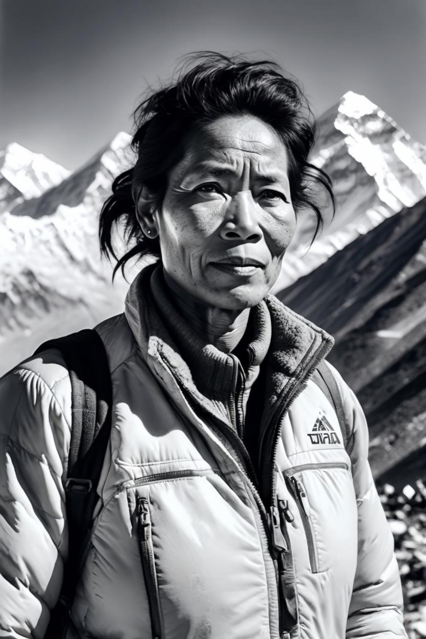 Artificial Intelligence (AI) generated image art, ..., portrait, ((old b&w photo)), (((film grain))), on Mount Everest, photorealistic, 4k