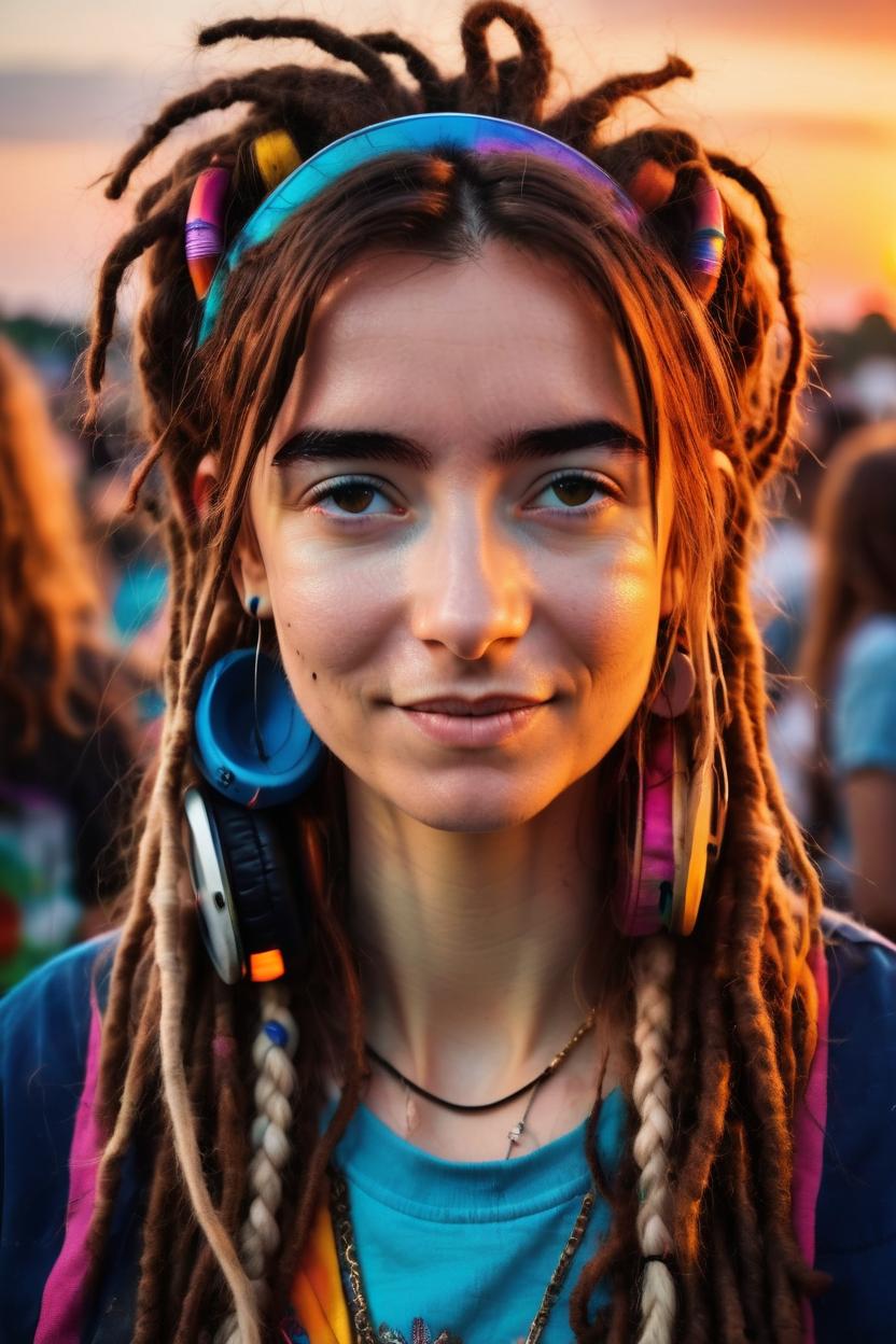 Artificial Intelligence (AI) generated image art, Beautiful ..., portrait, with coliurful dreadlocks hairstyle, hippie clothes, as a dj, in open air music event, sunset, stunning photograph