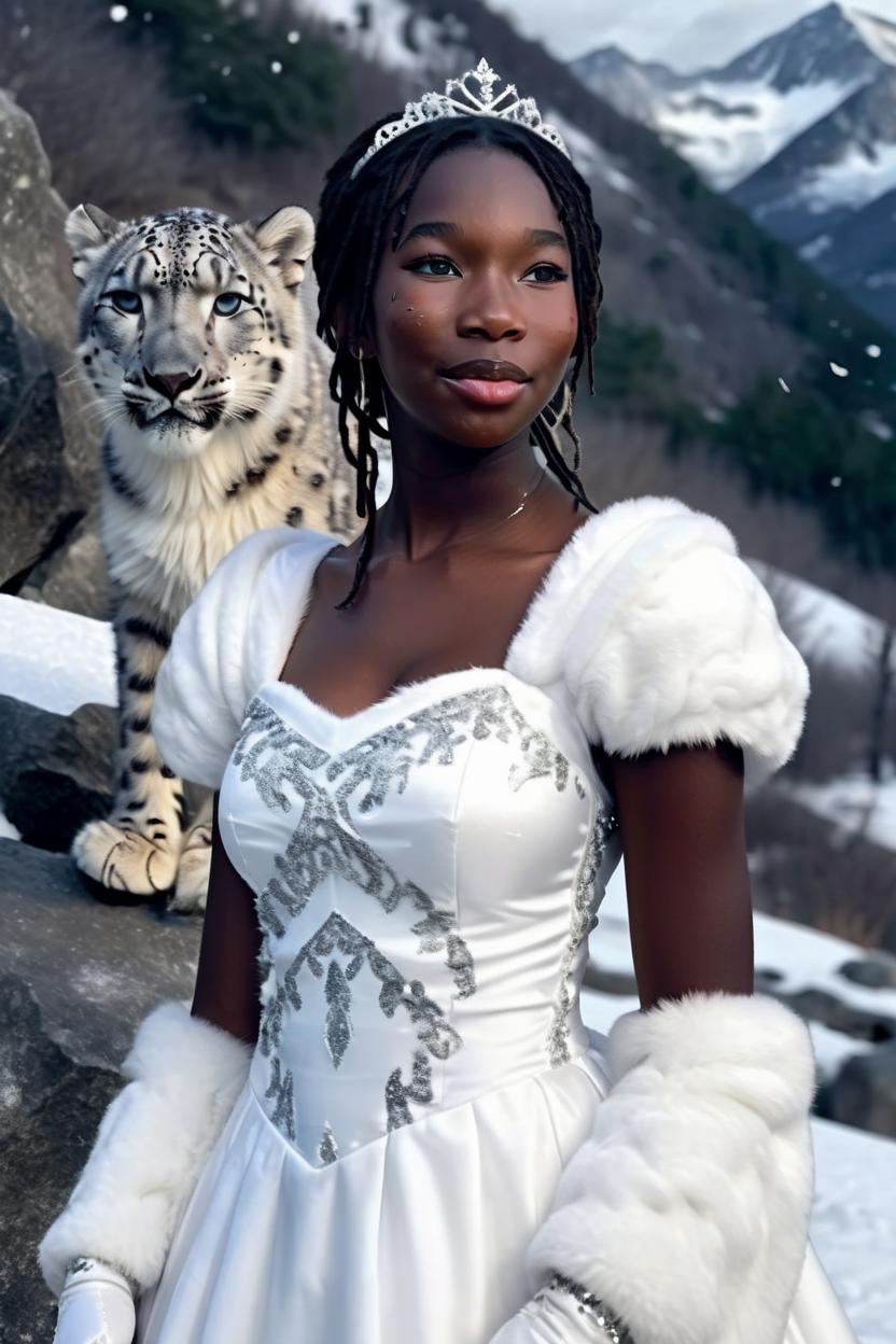 Artificial Intelligence (AI) generated image art, ..., as a princess on a snow mountain, with white dress, pretty, with snow leopard, beautiful, digital portrait